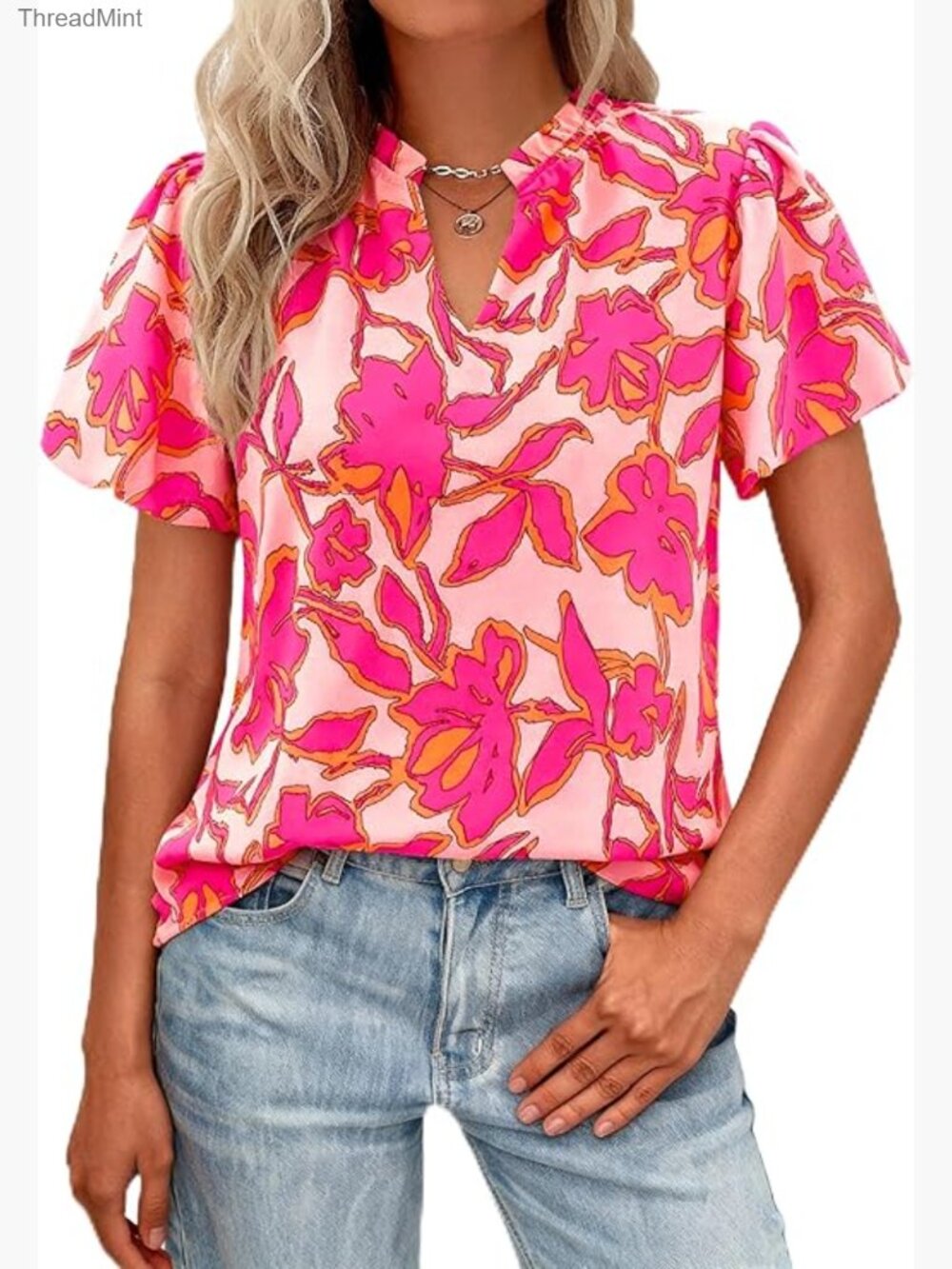 Boho Floral Chiffon Blouse V Neck Puff Sleeve Dressy Casual Work Top
